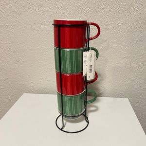 SET OF 4 Holiday Time stacking mugs red and green  with wire rack NEW W